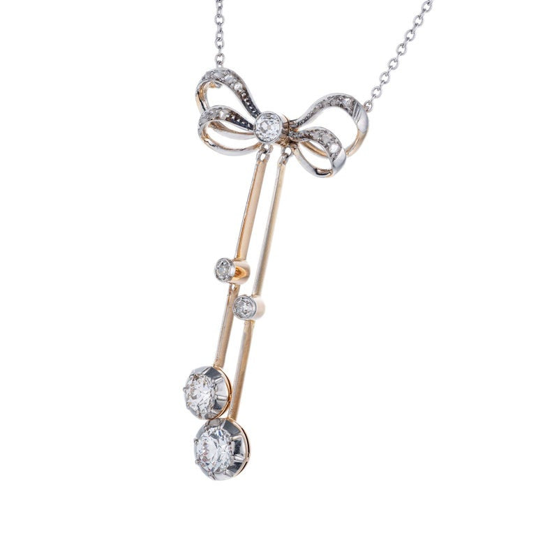 1.00 Carat Diamond Platinum Yellow Gold Victorian Bow Pendant Necklace – image 2