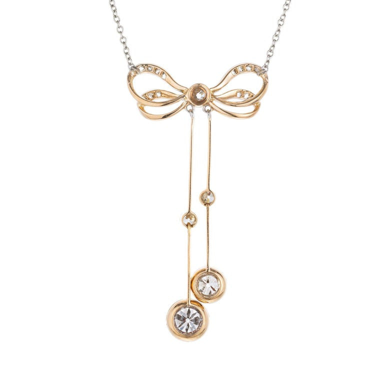 1.00 Carat Diamond Platinum Yellow Gold Victorian Bow Pendant Necklace – image 3