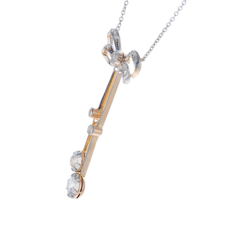 1.00 Carat Diamond Platinum Yellow Gold Victorian Bow Pendant Necklace – image 4