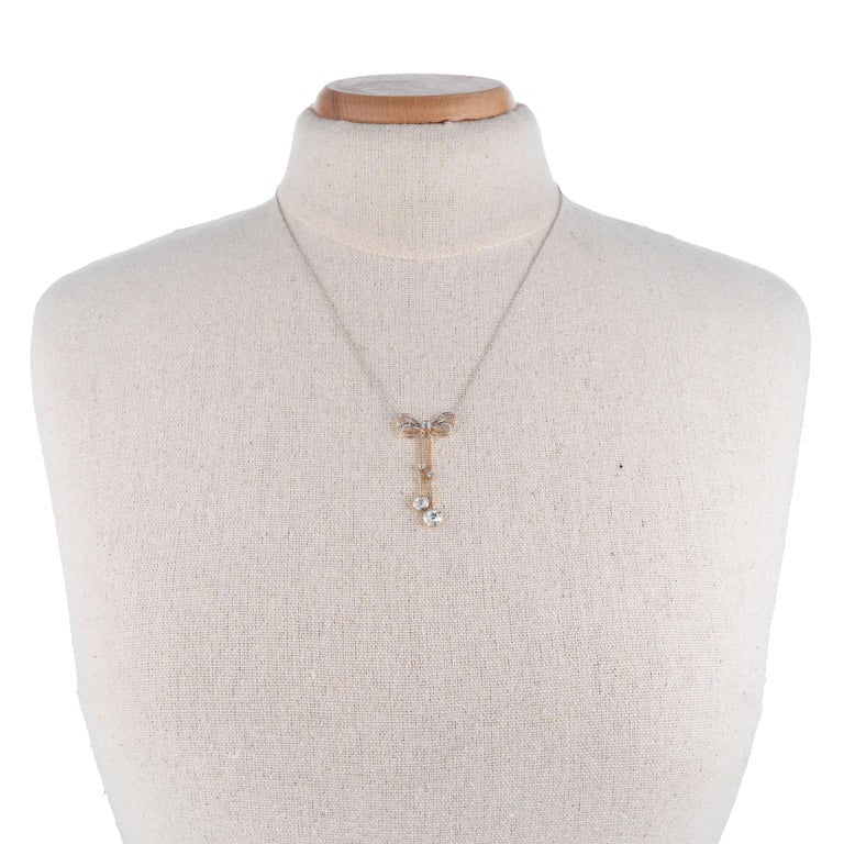 1.00 Carat Diamond Platinum Yellow Gold Victorian Bow Pendant Necklace – image 5