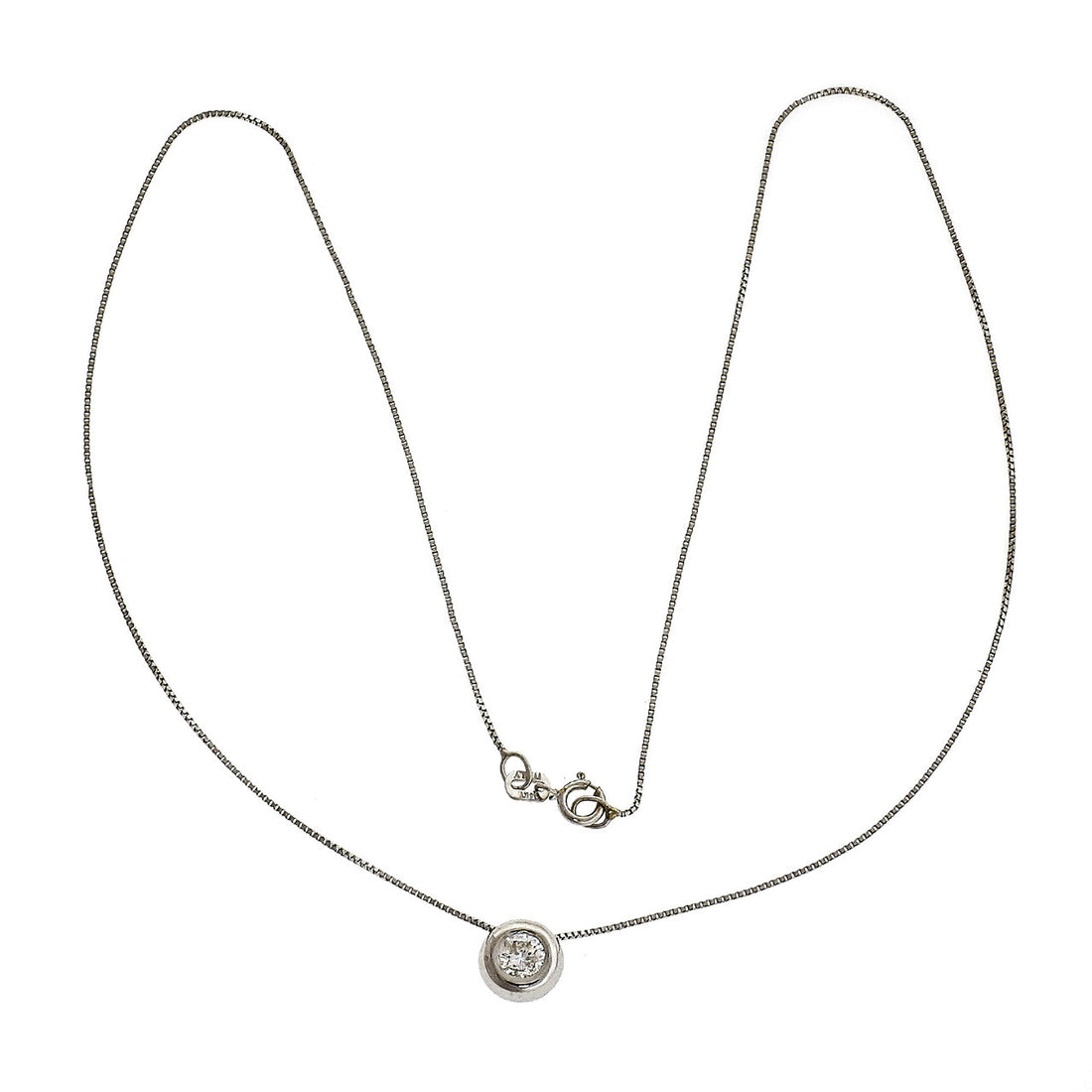14k White Gold Diamond Bezel Pendant On White Gold Box Chain – image 2