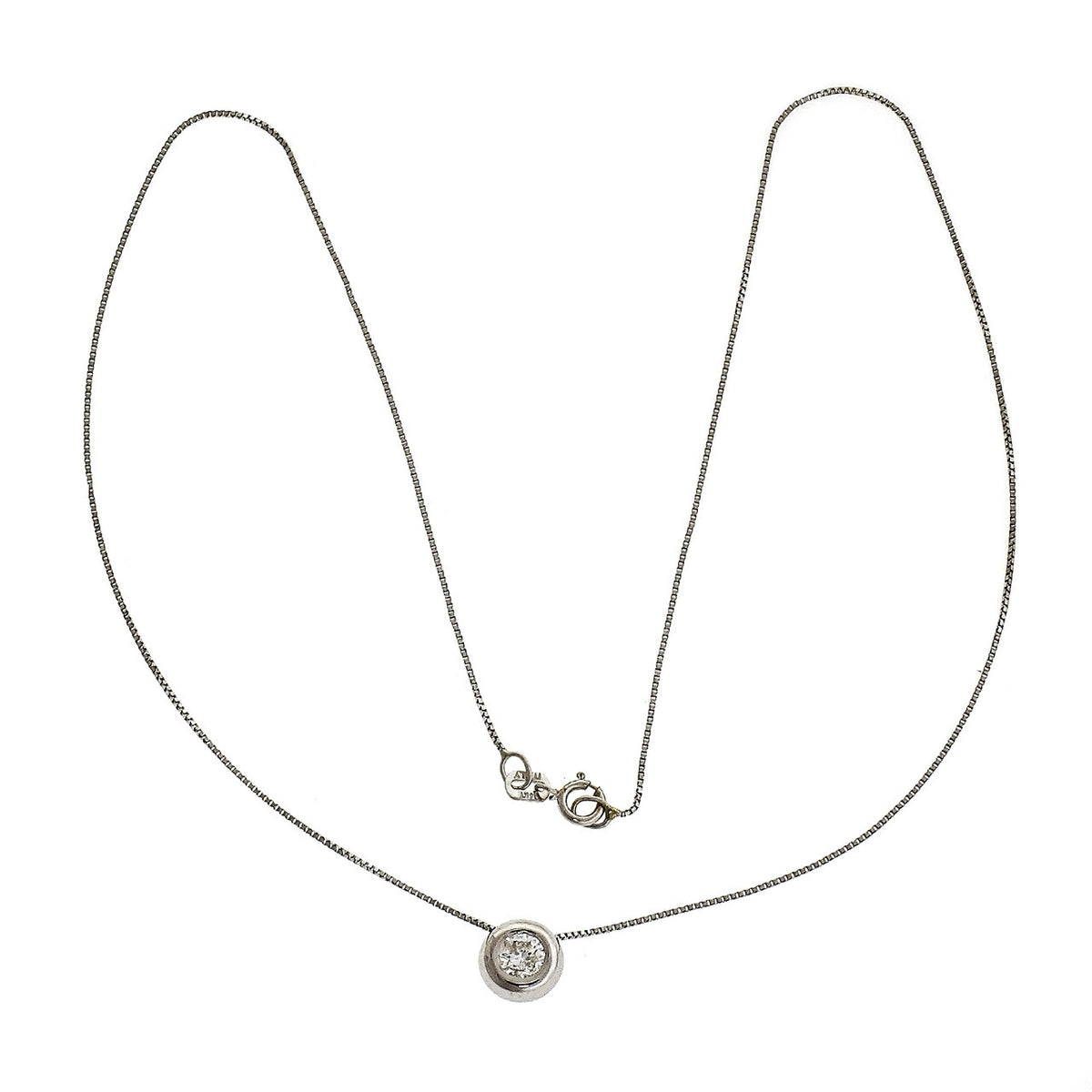 14k White Gold Diamond Bezel Pendant On White Gold Box Chain – image 2