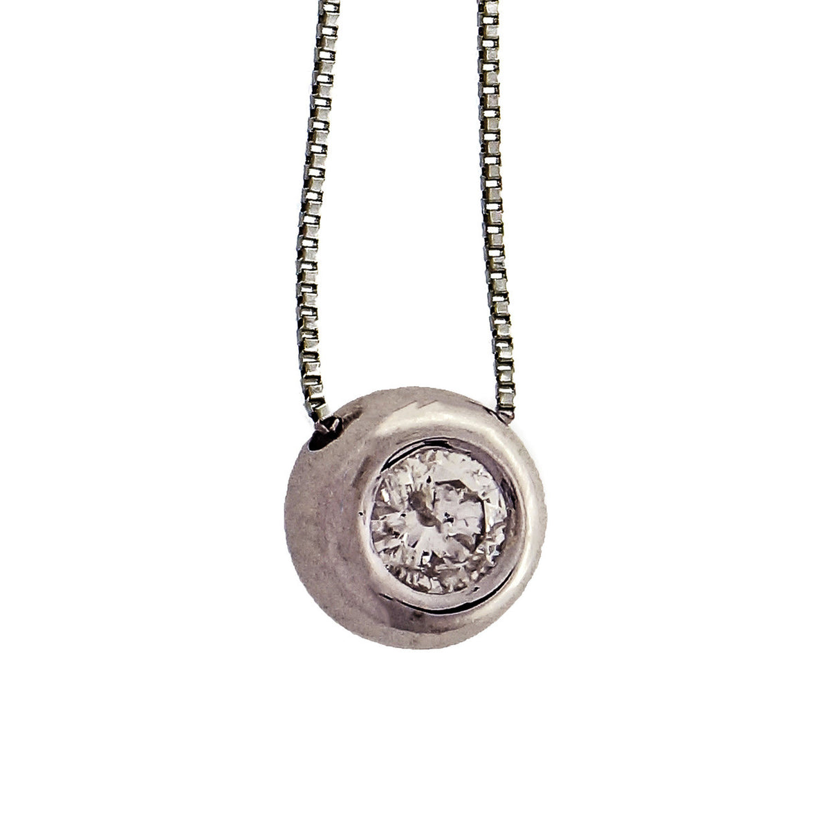 14k White Gold Diamond Bezel Pendant On White Gold Box Chain – image 3