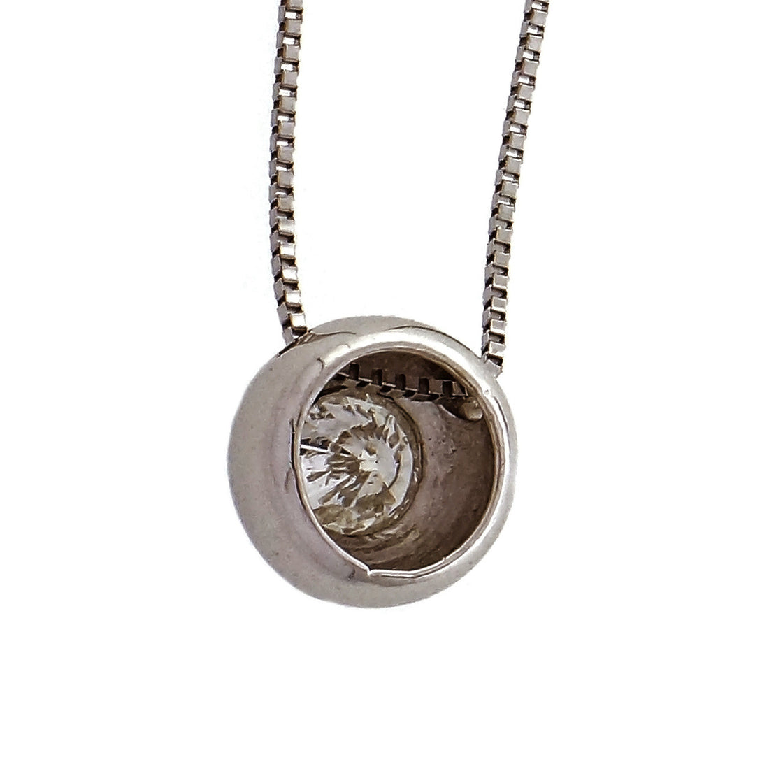 14k White Gold Diamond Bezel Pendant On White Gold Box Chain – image 4