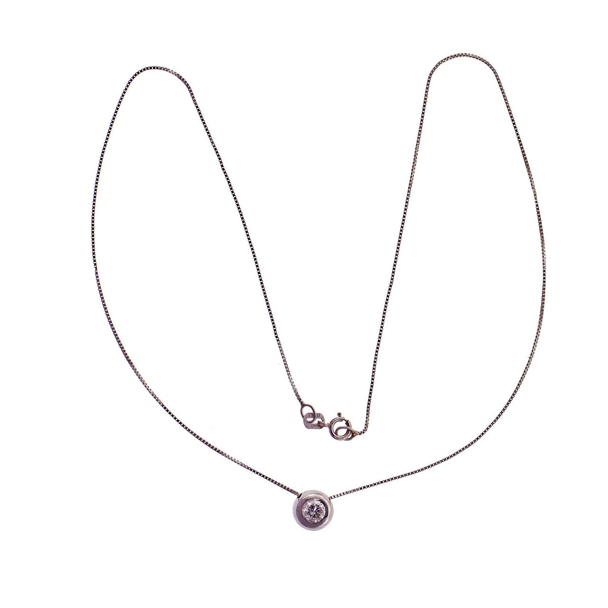 14k White Gold Diamond Bezel Pendant On White Gold Box Chain