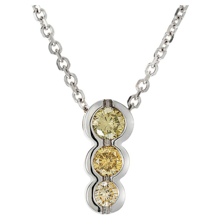 Estate 14k White Gold 3 Stone Natural Yellow Diamond Necklace 18 Inch Chain