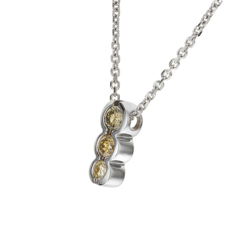 Estate 14k White Gold 3 Stone Natural Yellow Diamond Necklace 18 Inch Chain – image 2