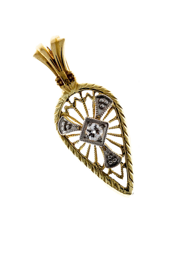 Vintage 1930s Pierced Filigree 14k Yellow Gold Diamond White Gold Plate Pendant