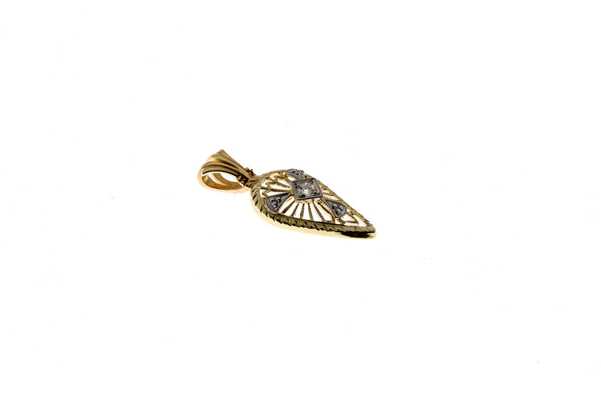 Vintage 1930s Pierced Filigree 14k Yellow Gold Diamond White Gold Plate Pendant – image 4