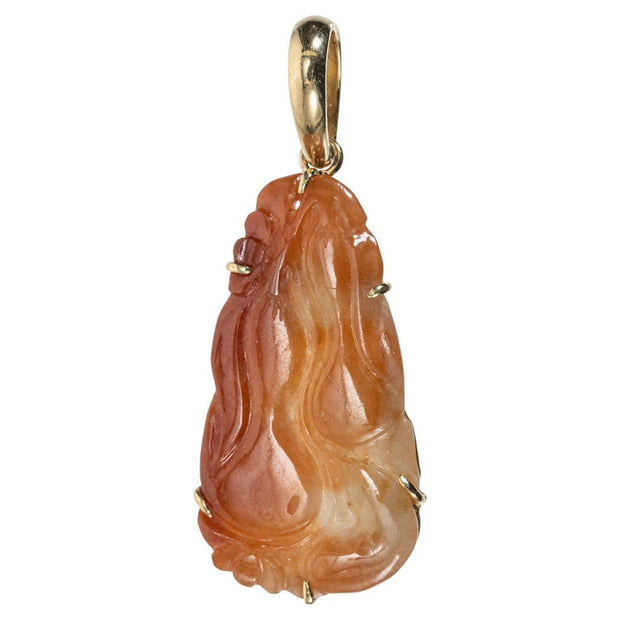 Satsky Natural Red Orange Jadeite Jade Carved Yellow Gold Pendant