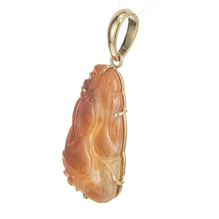 Satsky Natural Red Orange Jadeite Jade Carved Yellow Gold Pendant – image 2