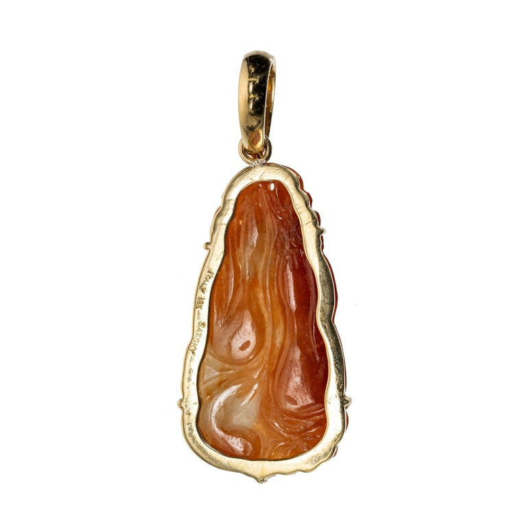 Satsky Natural Red Orange Jadeite Jade Carved Yellow Gold Pendant – image 4