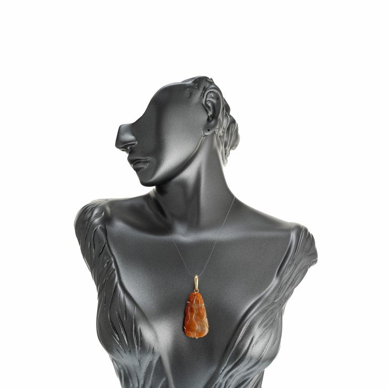Satsky Natural Red Orange Jadeite Jade Carved Yellow Gold Pendant – image 6