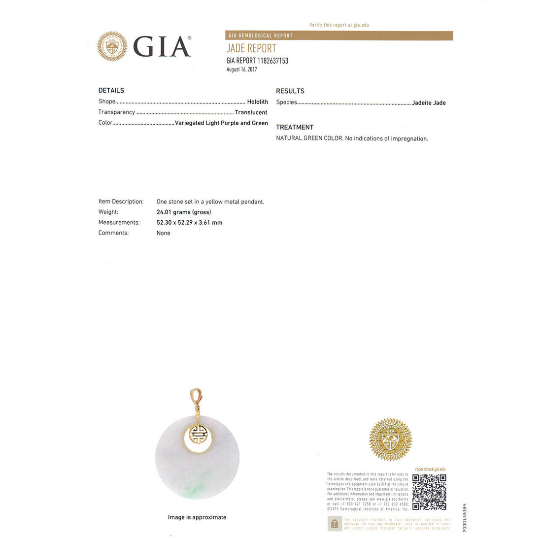 GIA Certified Jadeite Jade Round Hololith Yellow Gold Pendant – image 7