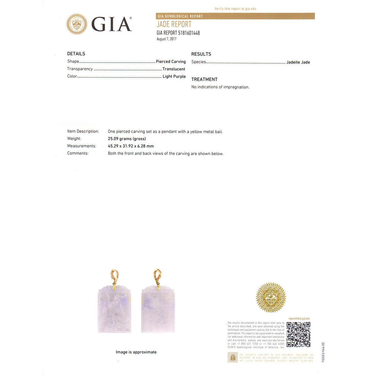 GIA Certified Natural Purple Jadeite Jade Carved Yellow Gold Pendant – image 6
