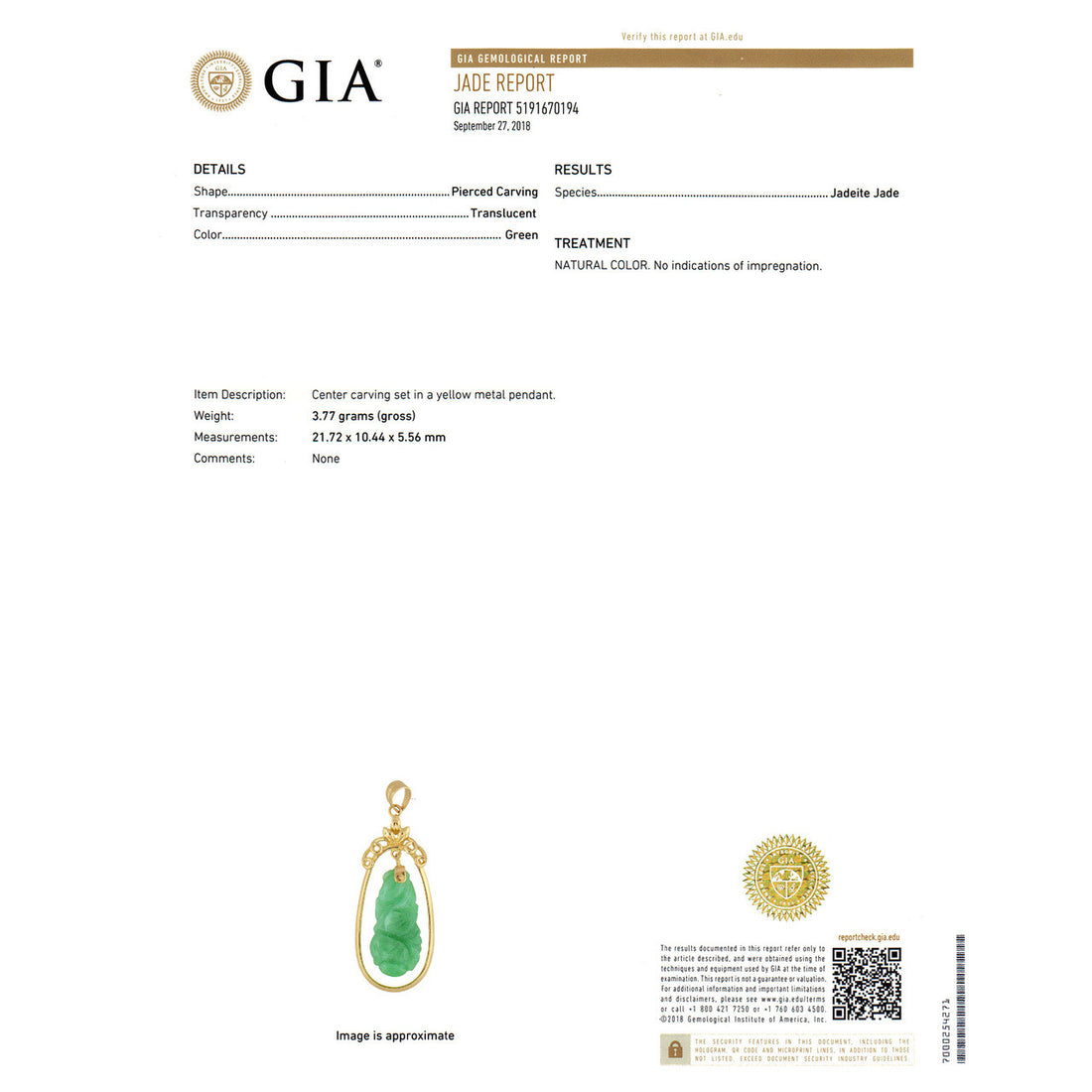 Estate Jadeite Jade Carved Pendant 14k Gold GIA Certified Natural – image 7