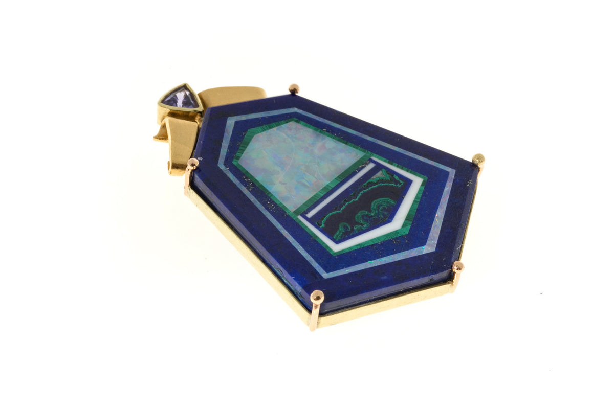 James Kaufman Intarsia Lapis Opal Malachite 18k Yellow Gold Pendant – image 2