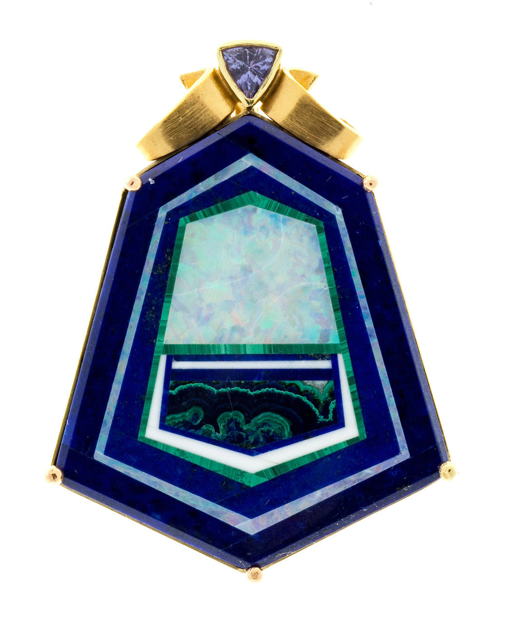 James Kaufman Intarsia Lapis Opal Malachite 18k Yellow Gold Pendant