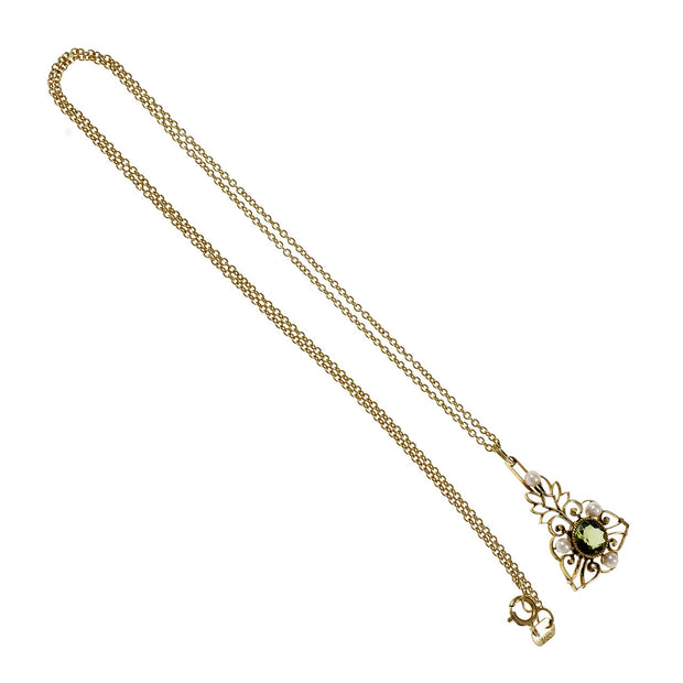 Victorian 1890 Peridot Natural Pearl Pendant 14k Green Gold