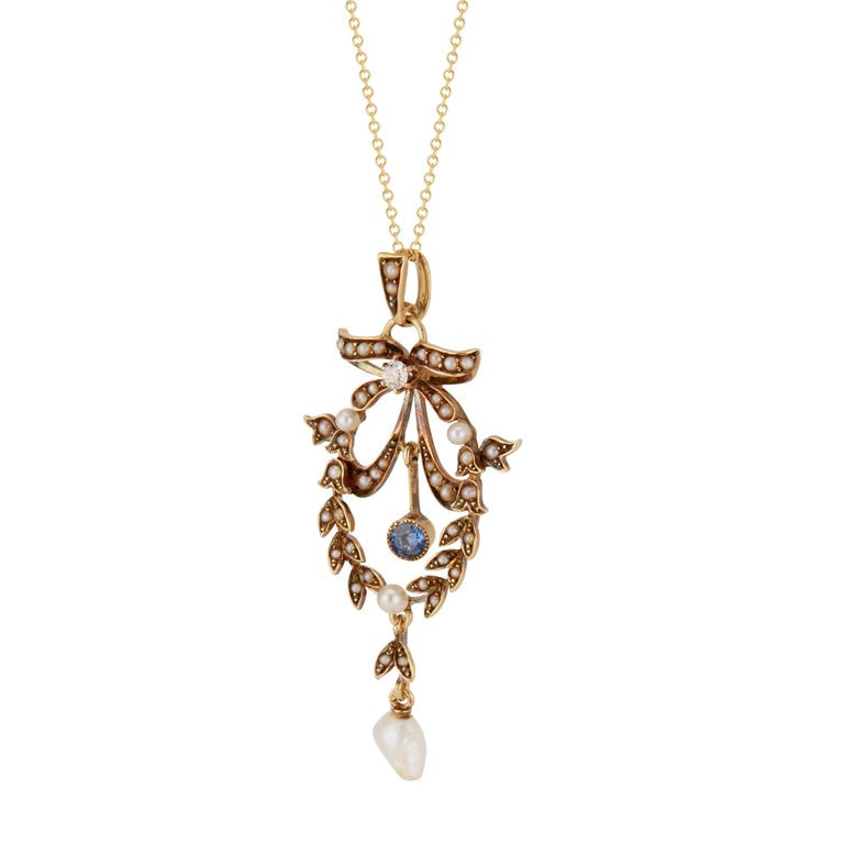 Victorian Natural Pearl Diamond Sapphire Yellow Gold Pendant Necklace – image 2