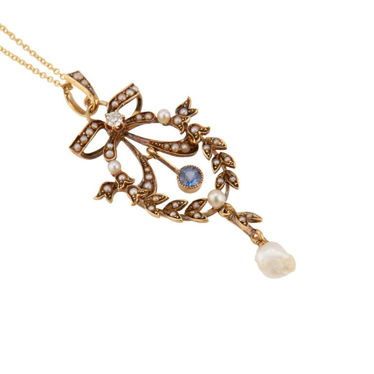 Victorian Natural Pearl Diamond Sapphire Yellow Gold Pendant Necklace – image 3
