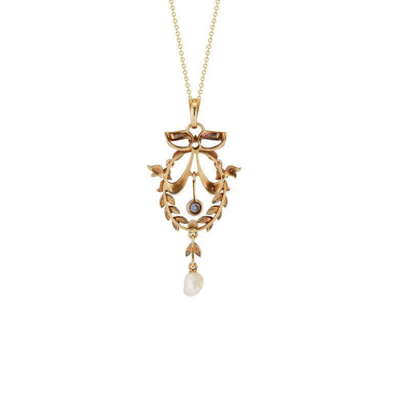 Victorian Natural Pearl Diamond Sapphire Yellow Gold Pendant Necklace – image 4