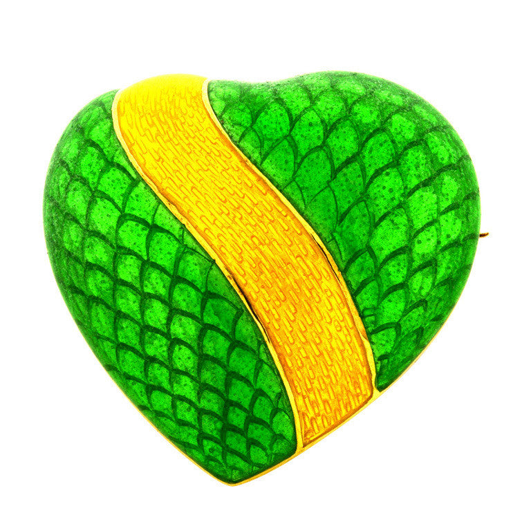 Tiffany + Co 18k Yellow Gold Green Yellow Enamel Heart Pin