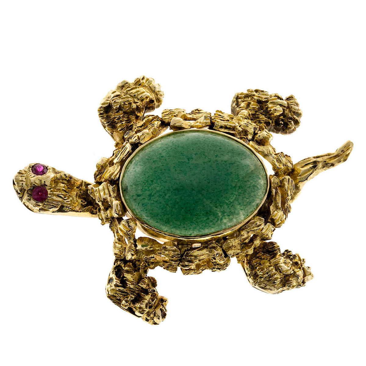 Estate 14k Textured Yellow Gold 1950's Ruby Eyes Oval Chrysophase Turtle Pin