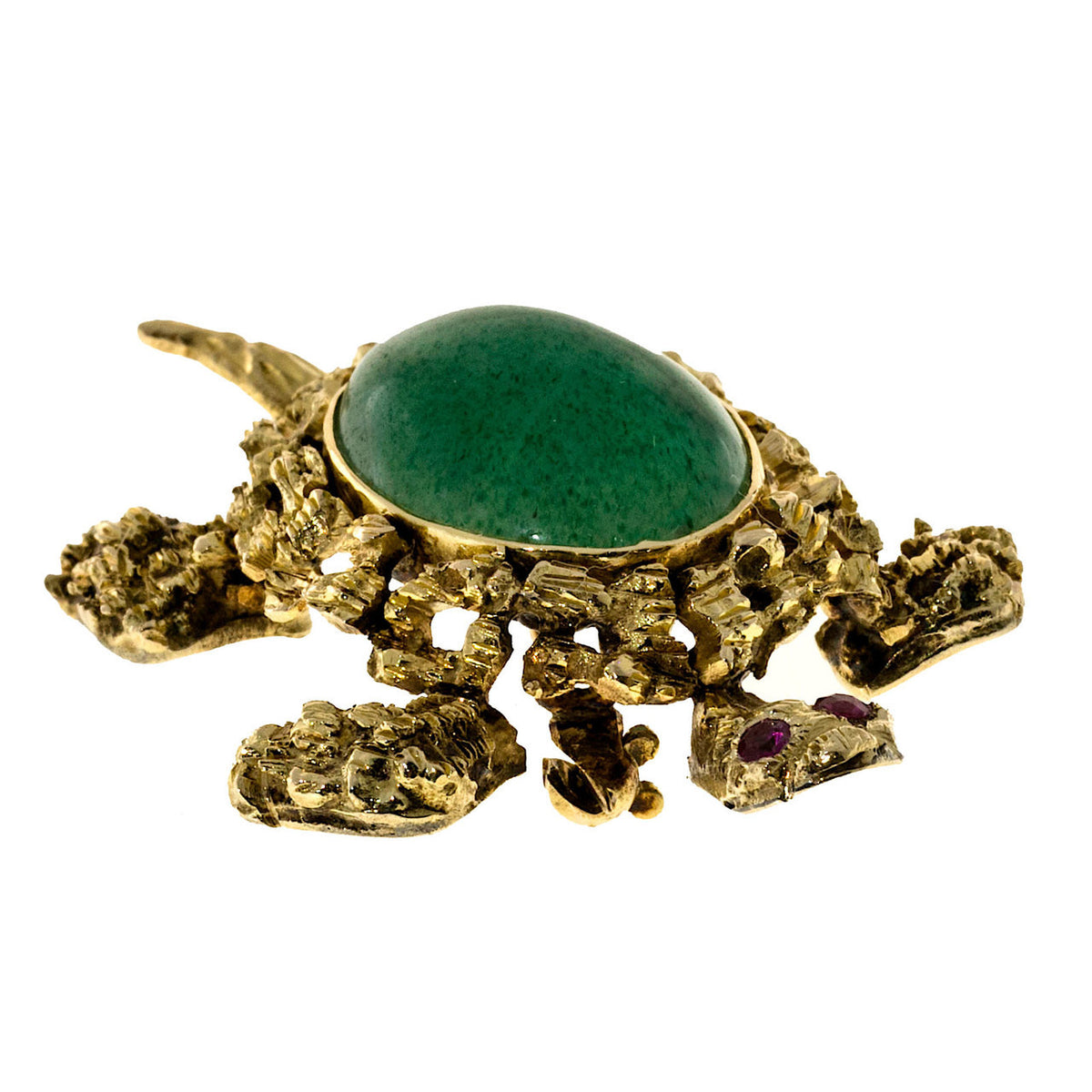 Estate 14k Textured Yellow Gold 1950's Ruby Eyes Oval Chrysophase Turtle Pin – image 4
