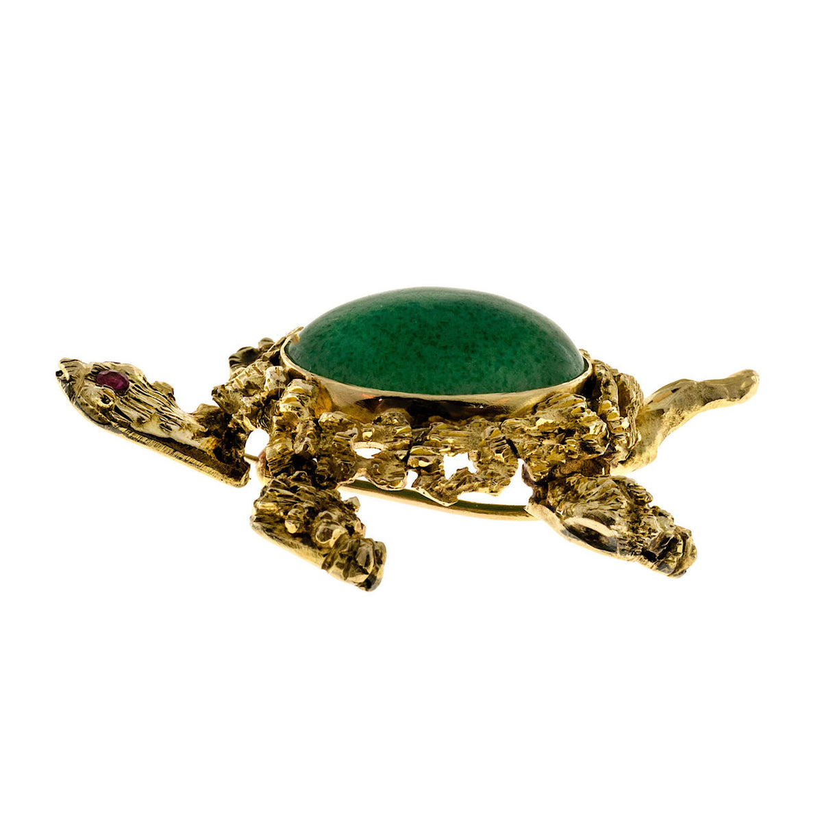Estate 14k Textured Yellow Gold 1950's Ruby Eyes Oval Chrysophase Turtle Pin – image 6