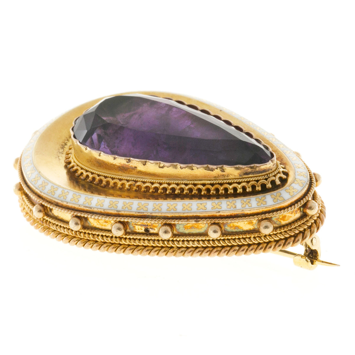 Estate 14k Gold 1840'S Amethyst Top Quality Pin White Enamel Granulation Detail – image 4