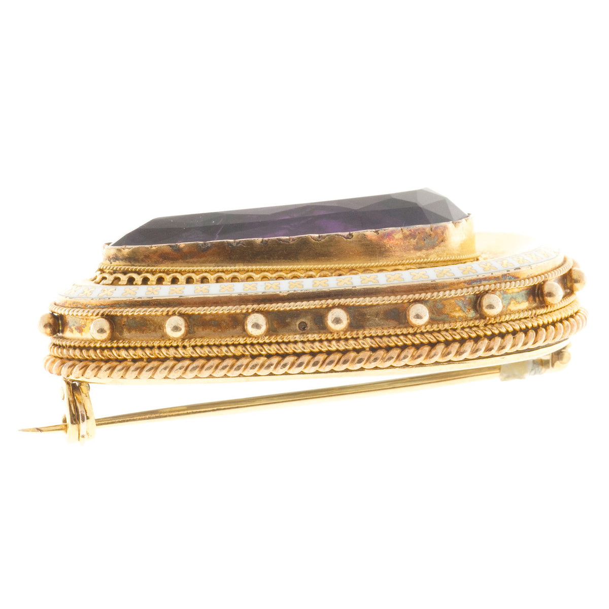 Estate 14k Gold 1840'S Amethyst Top Quality Pin White Enamel Granulation Detail – image 3