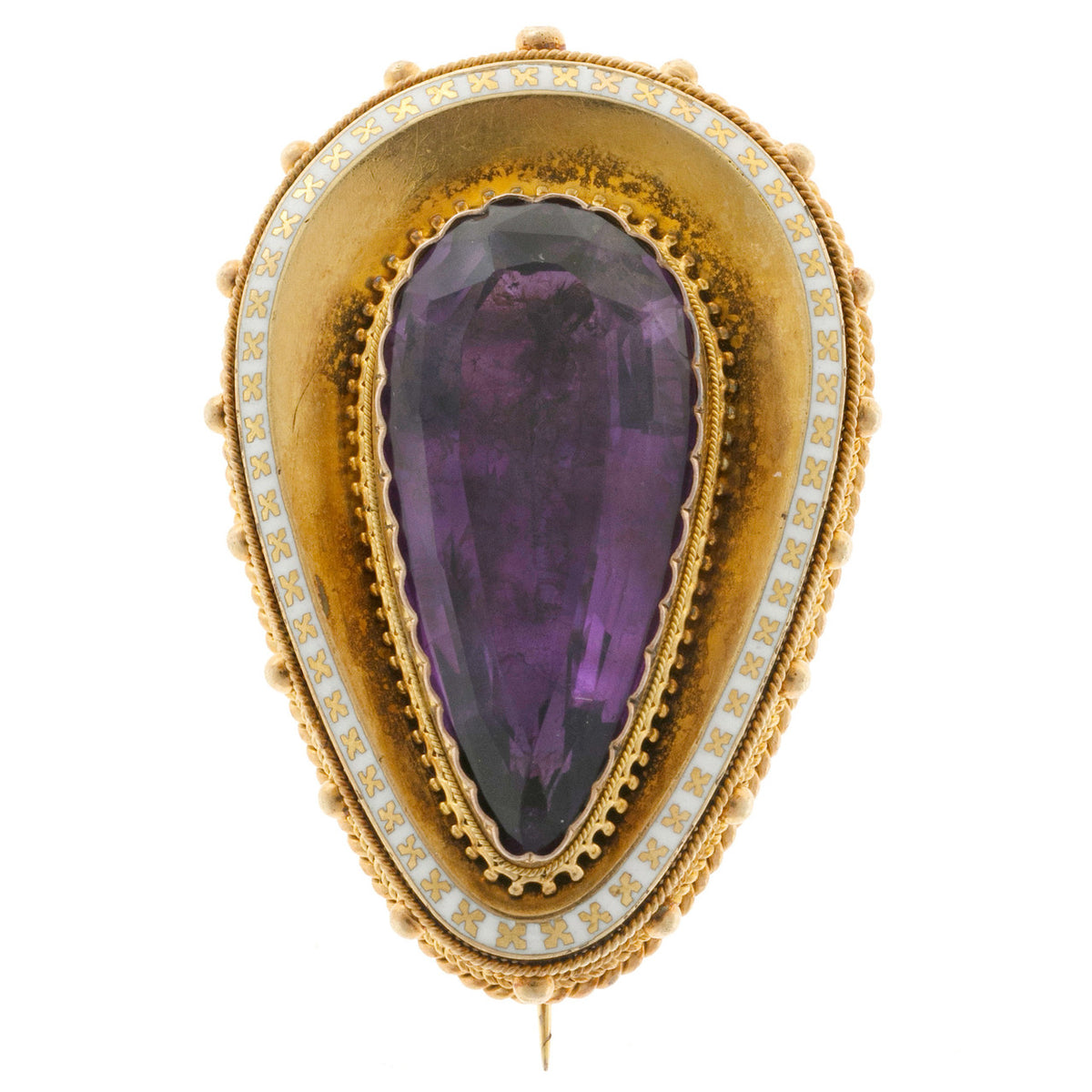 Estate 14k Gold 1840'S Amethyst Top Quality Pin White Enamel Granulation Detail