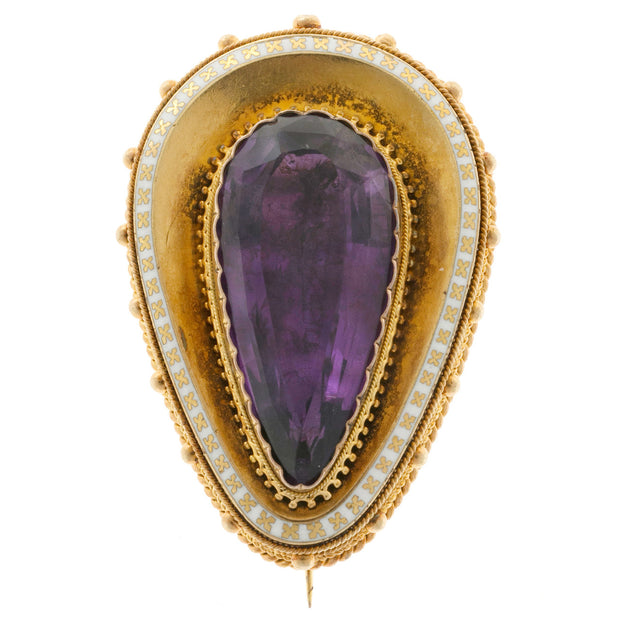 Estate 14k Gold 1840'S Amethyst Top Quality Pin White Enamel Granulation Detail