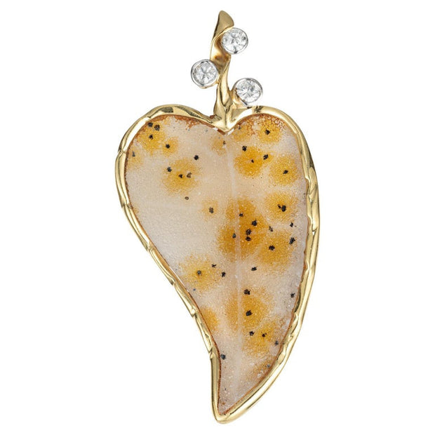 Peter Suchy Natural Leopard Druzy Quartz Diamond Leaf Yellow Gold Brooch