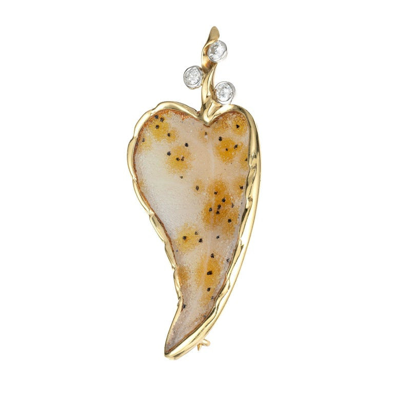 Peter Suchy Natural Leopard Druzy Quartz Diamond Leaf Yellow Gold Brooch – image 2