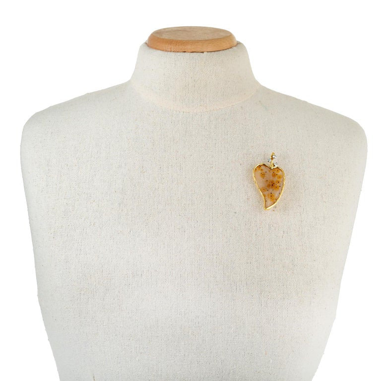 Peter Suchy Natural Leopard Druzy Quartz Diamond Leaf Yellow Gold Brooch – image 5