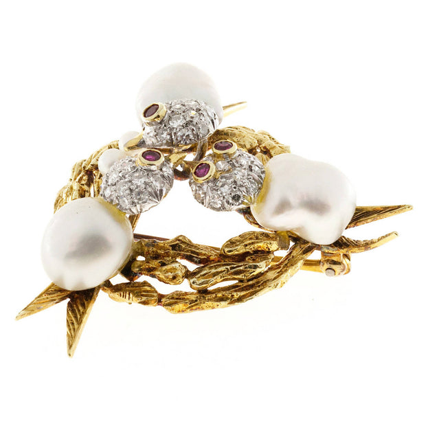 Trio Pearl Diamond Ruby Baroque Pearl Triple Bird Nest 14k Yellow Gold Brooch