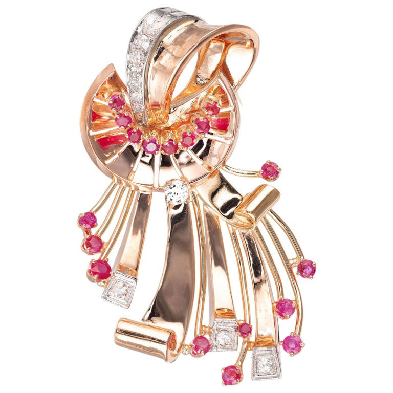 1.50 Carat Ruby Diamond Rose Gold Swirl Brooch – image 2