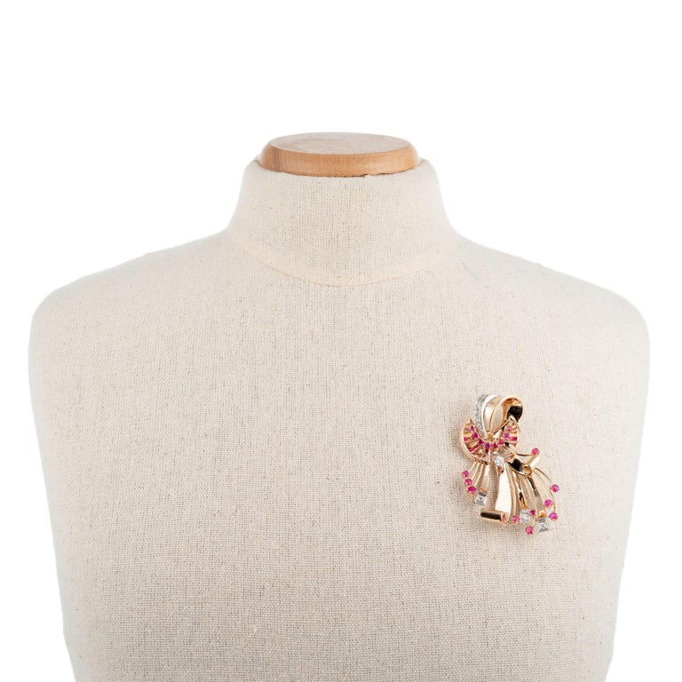 1.50 Carat Ruby Diamond Rose Gold Swirl Brooch – image 5