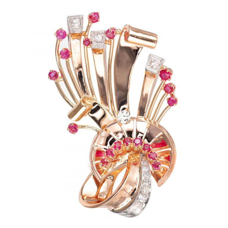 1.50 Carat Ruby Diamond Rose Gold Swirl Brooch