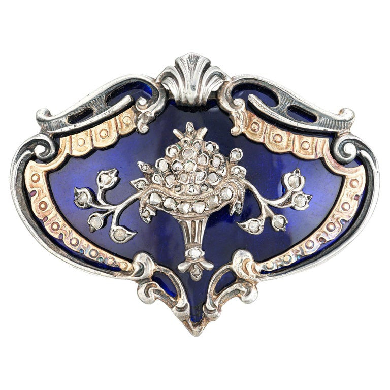 Georgian Blue Enamel Diamond Silver Yellow Gold Brooch