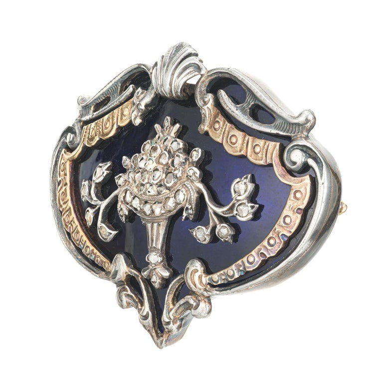 Georgian Blue Enamel Diamond Silver Yellow Gold Brooch – image 2