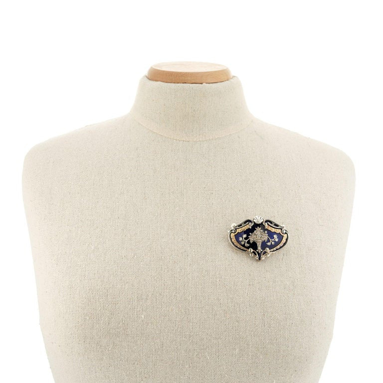 Georgian Blue Enamel Diamond Silver Yellow Gold Brooch – image 4