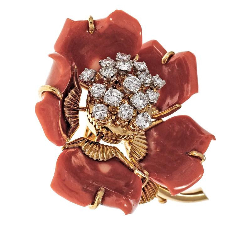 En Tremblant Natural Coral Diamond Pin 14k Yellow Gold – image 2