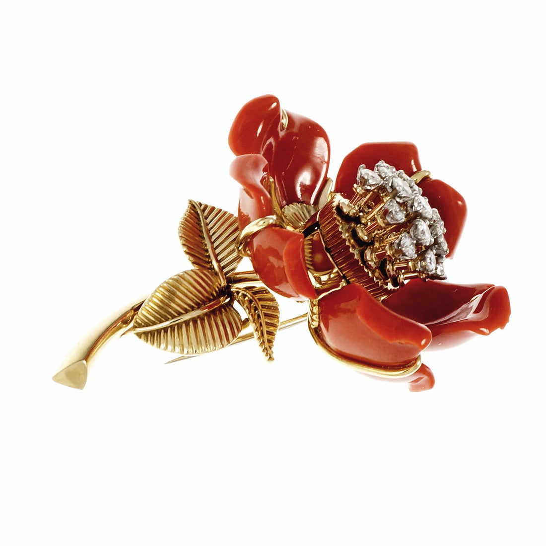 En Tremblant Natural Coral Diamond Pin 14k Yellow Gold – image 3
