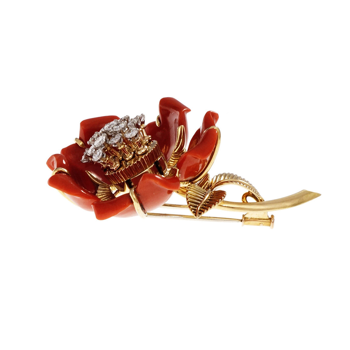En Tremblant Natural Coral Diamond Pin 14k Yellow Gold – image 4