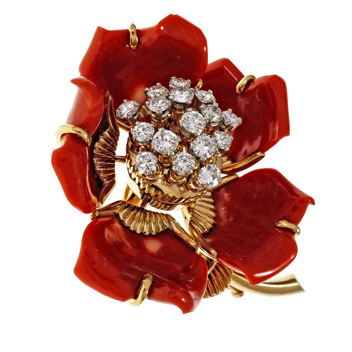 En Tremblant Natural Coral Diamond Pin 14k Yellow Gold – image 6