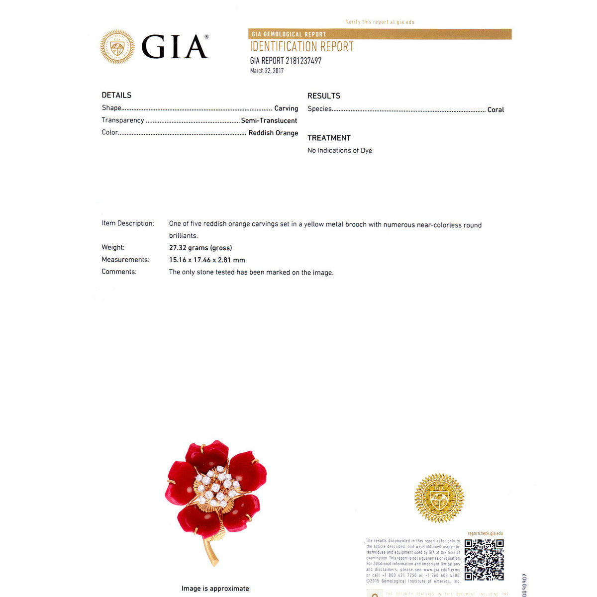 En Tremblant Natural Coral Diamond Pin 14k Yellow Gold – image 7