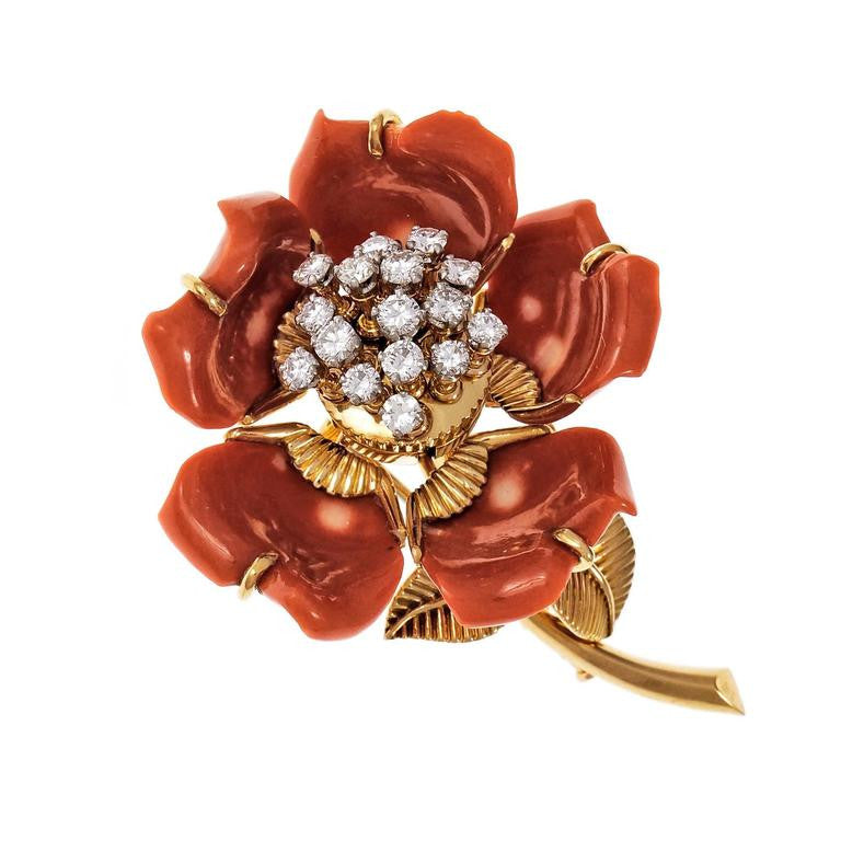 En Tremblant Natural Coral Diamond Pin 14k Yellow Gold